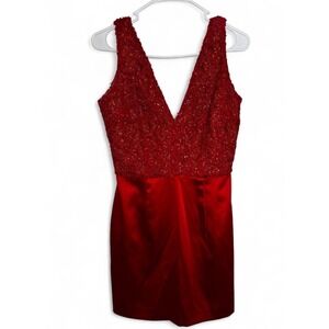 Nadine Merabi Red Sequin Beaded Lace Satin V-Neck Mini Cocktail Dress Size S/M